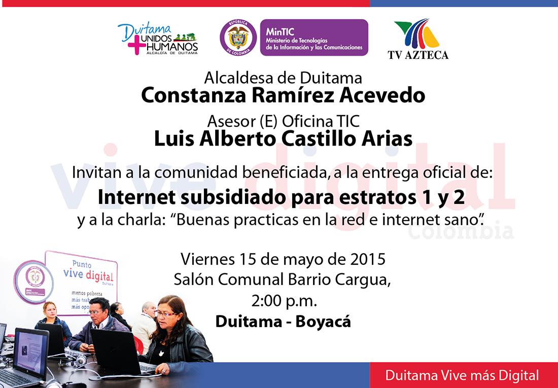 alcaldiaduitama's tweet photo. Invitación: internet Subsidiado estratos 1 y 2 en #Duitama @MinTIC_responde @ConyRamirezA @DUITAMACOMUNICA http://t.co/vmzUlrSvMV