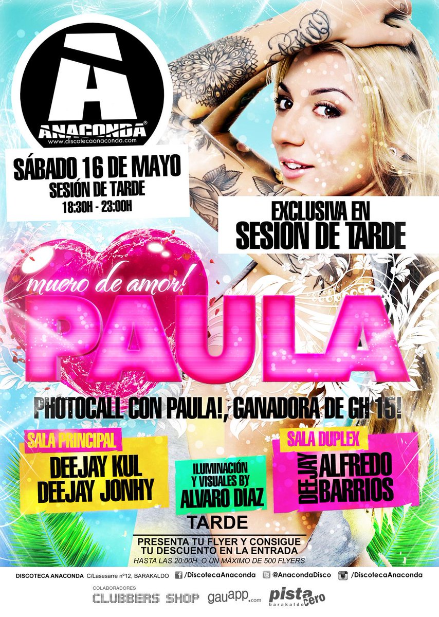 AnacondaDisco's tweet photo. ¡HAZ RT Y PARTICIPA EN EL SORTEO DE 3 PASES VIP DOBLES PARA CONOCER A PAULA EN CAMERINOS! ¿Tenéis ganas? #faltan3días http://t.co/8bB0rJLSR5