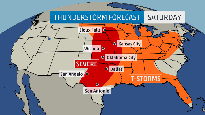 weatherchannel's tweet image. Saturday the #severe threat stretches from #Texas to #Minnesota; timing of storms: wxch.nl/1EExgOf