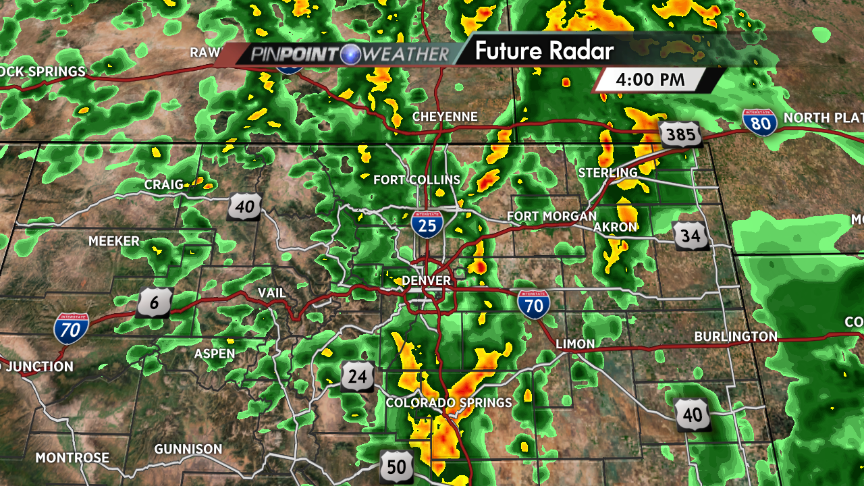 JenniferBroome's tweet photo. 4pm future radar - heaviest rain should be east of Denver &amp; over CO Springs. http://t.co/IJ1PdQbbpe