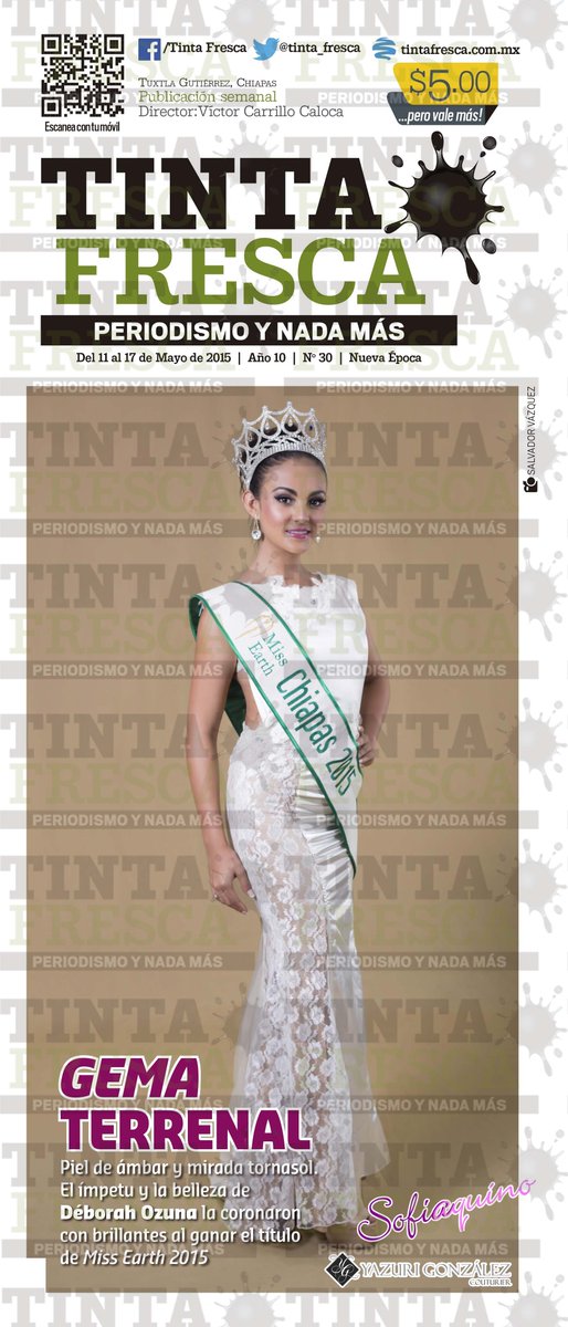 Ofe_DelaRosa's tweet photo. En la Contra de @tinta_fresca, @OzunaDeborah, ganadora del certamen @MISSEARTHCHIS 2015 de @sofiaquino_agen #Tuxtla http://t.co/rsj1atYYZQ
