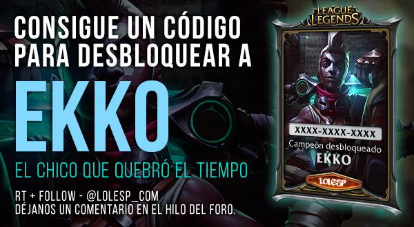 Lolesp_com's tweet photo. ¡Consigue un código para desbloquear al nuevo campeón Ekko y su skin de lanzamiento! http://t.co/IPNrMw0GCC http://t.co/rNitNpMmTr