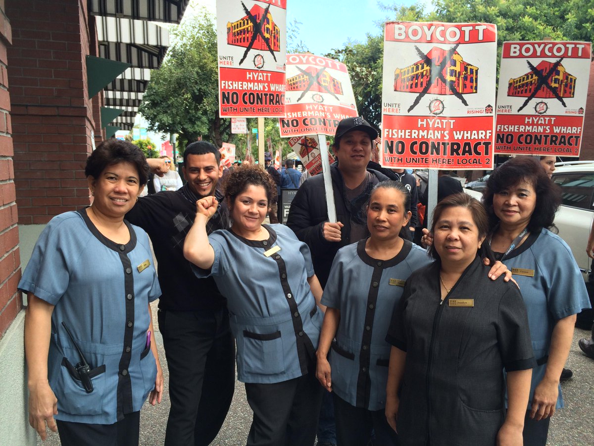 UniteHereL2's tweet photo. @UniteHereLocal2 leaders and Pier 2620 housekeeping in solidarity with @SFHyattAtWharf workers today! #SoNotSF http://t.co/H3hUvXZ3Dm