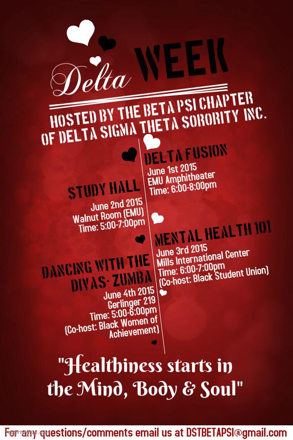 Delta Week is almost here! #SAVETHEDATE Our theme this year will be "Healthiness starts in the Mind, Body &amp; Soul"