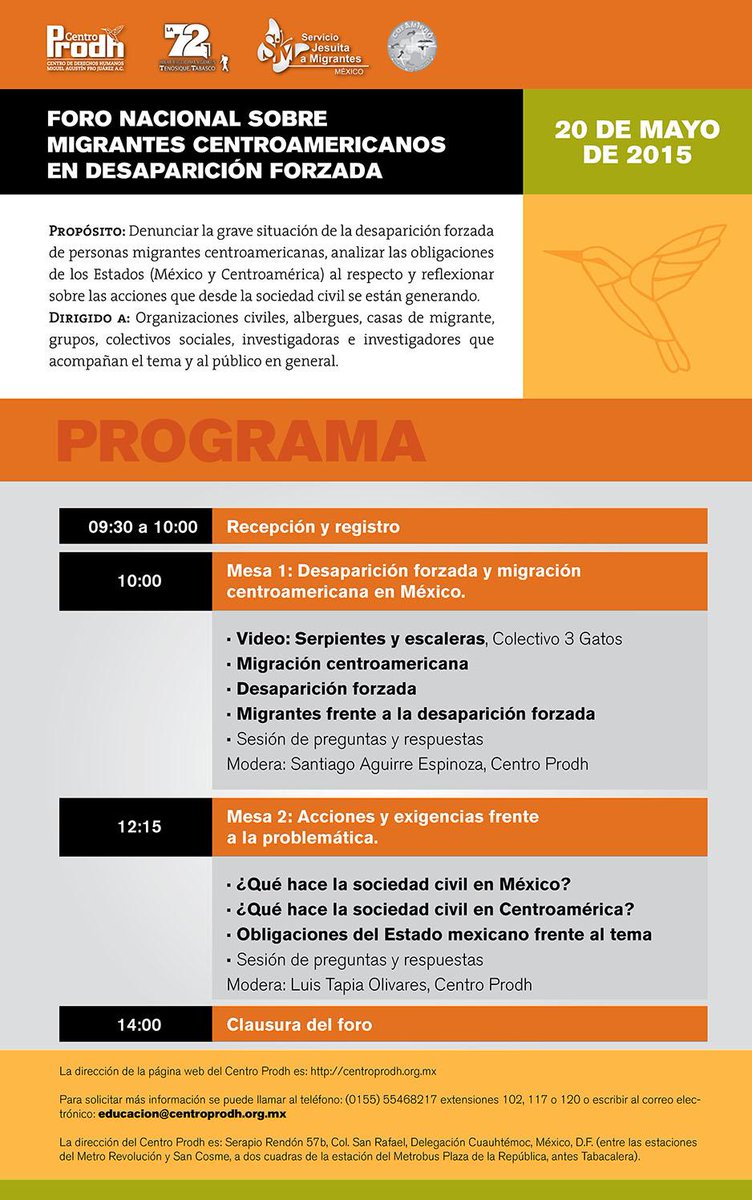 Foro Nacional sobre Migrantes Centroamericanos en Desaparición Forzada, 20 de mayo, 10 hrs. en <a href="/CentroProdh/">Centro Prodh</a>