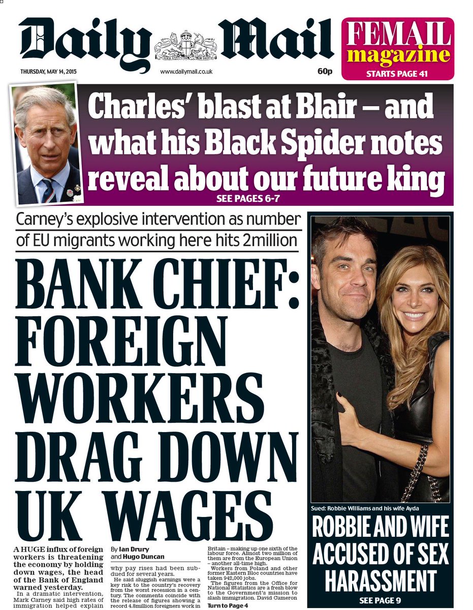 suttonnick's tweet photo. Thursday's Daily Mail front page -
Bank chief: foreign workers drag down UK wages
#tomorrowspaperstoday #bbcpapers http://t.co/Z3XbOhbhJO