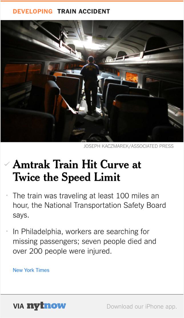 JDoughtry's tweet photo. Amtrak Train That Derailed Was Going 100 M.P.H., Officials Say; 7 Killed – via @NYTNow http://t.co/bbppn6OwwP http://t.co/xxfrTqQBeL