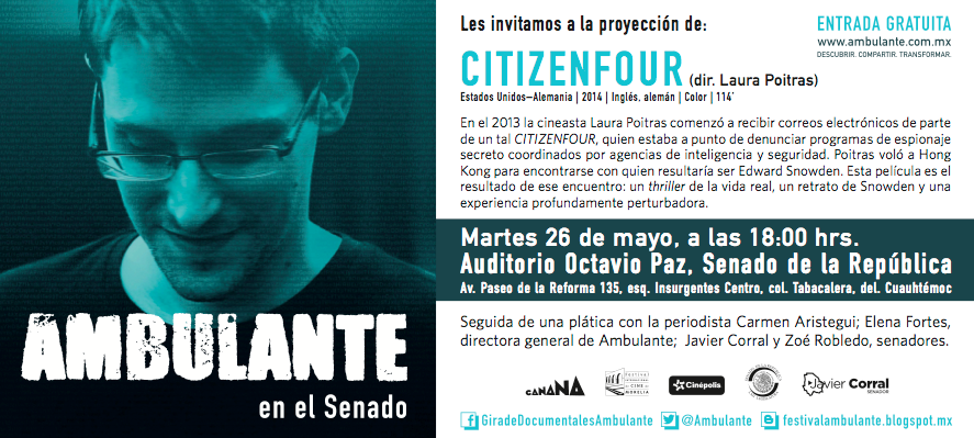 AmbulanteCuerna's tweet photo. ¿Ya te enteraste? Carmen #Aristegui estará en @Ambulante. 26 de mayo, 18hrs @senadomexicano http://t.co/7bMlcqnaqq