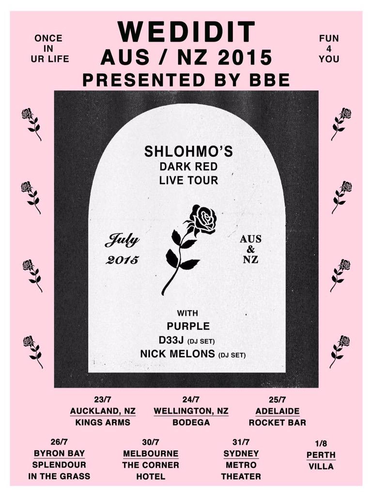 shlohmo's tweet photo. 🌹AUSTRALIA / NZ🌹

WE COMIN 4 U NEXT..

GOT MY LIVE BAND TING &amp; MY @WEDIDIT GUYS @REACHPURPLE &amp; @NICKMELONS &amp; @D33J http://t.co/oYi8u91Hae