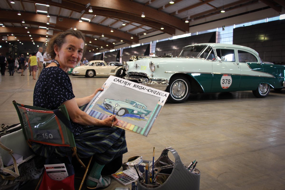 An #Oldsmobile 88 is penned on the spot by Oldtimerbild's Carmen Krisai-Chizzola during #MilleMiglia scrutineering.