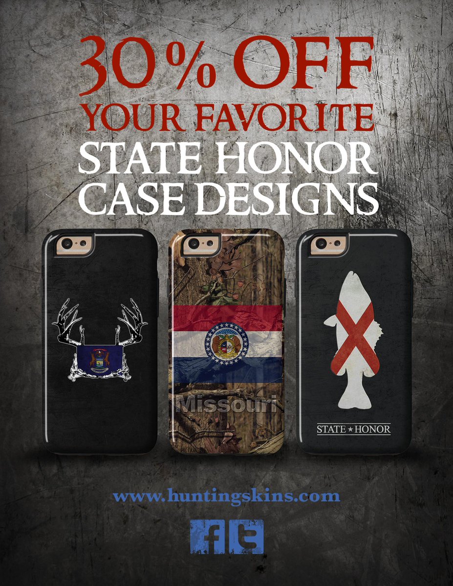 HuntingSkins's tweet photo. 30% off State Honor designs thru 5/20! Honor thy state! Apple &amp; Samsung models. Use Code JE30. http://t.co/9xvGfWd845 http://t.co/l7xyfCHGqF