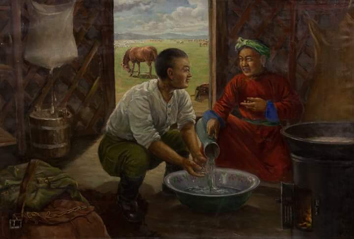 Хүү нь гэртээ ирэхэд ээжүүд ингэж л баярладаг шүү. Аз жаргалтай харц.
О.Цэвэгжав "Цэрэг хүү гэртээ ирсэн нь" 1945