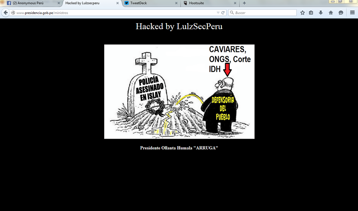 AnonymousPeru's tweet photo. Por aquí => http://t.co/TJaMuf6HkL =>Hacked by #LulzSecPeru is Back! #TiaMaria ...We are here! #Anonymous http://t.co/JtSP71UMTd