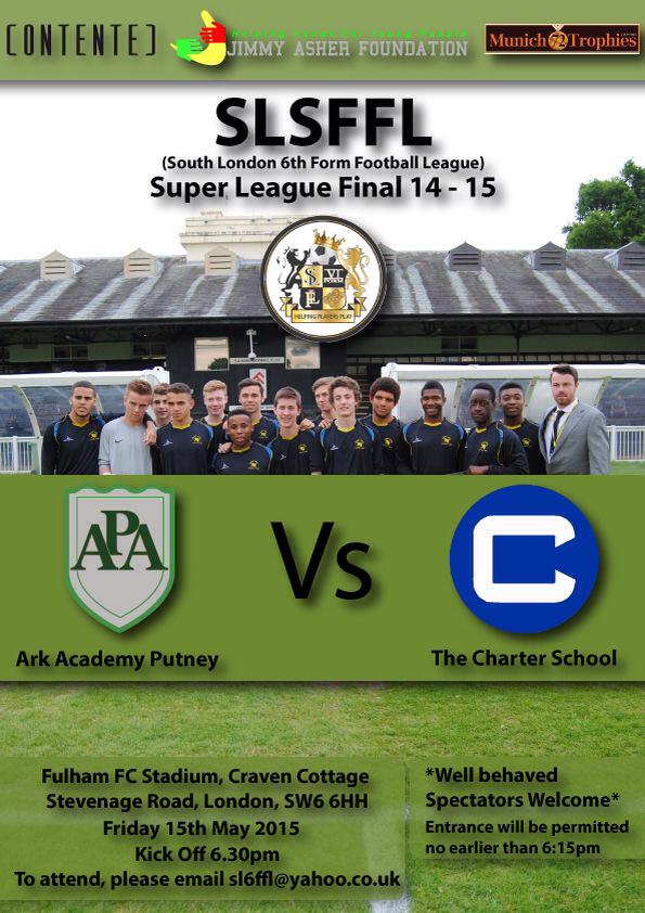 <a href="/SFXFootball/">SFX Football</a> pls RT <a href="/slsffl/">SLSFFootballLeague</a> Final-15.05.15 <a href="/ARKPutney/">Ark Putney Academy</a> vs <a href="/TCSDulwich/">The Charter School North Dulwich</a>. Support: <a href="/CONTENTed/">Content</a> <a href="/JAF_GLOBAL/">JAF</a> <a href="/MunichTrophies/">Munich 72 Trophies</a>
