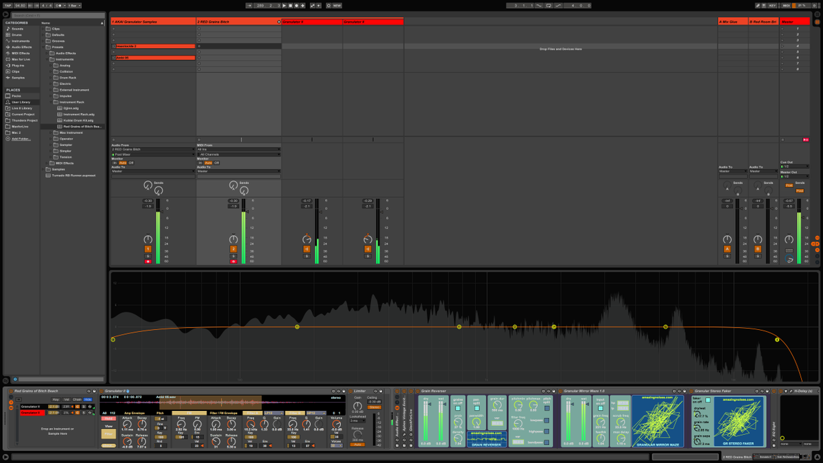 BeatsofRed's tweet photo. Dual Granulator II Ableton Instrument. Mapped out both Granulators and added 2 dif samples. #beatsofred #Ableton #Max http://t.co/yTeVvM7kZ5