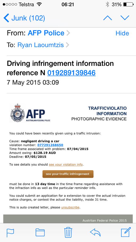 ryanlammy's tweet photo. @9NewsAUS got one last week. dead give away not spelling "Australia" correctly down the bottom of email! http://t.co/wagsTybqIE