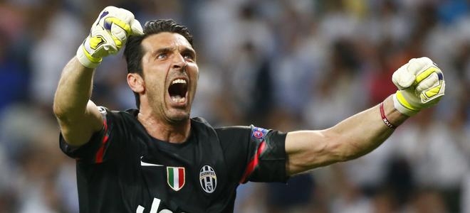 Gigi Buffon festeggia il gol di Morata in Real Madrid-Juventus 1-1