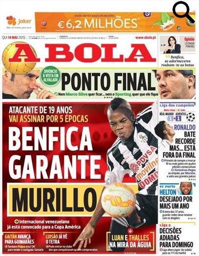 Murillo on the front page of Abola newspaper