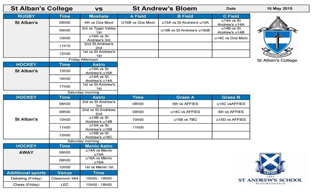 Good luck to the boys travelling to St Alban's College this weekend! See you there! Here are the fixtures!