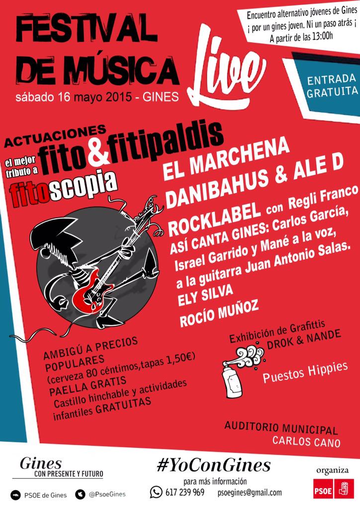 PsoeGines's tweet photo. Festival d MÚSICA #live ! Sábado desde las 13h en auditorio municipal.Por un Gines joven.Entrada Gratuita #YoConGines http://t.co/845IuSuo2N