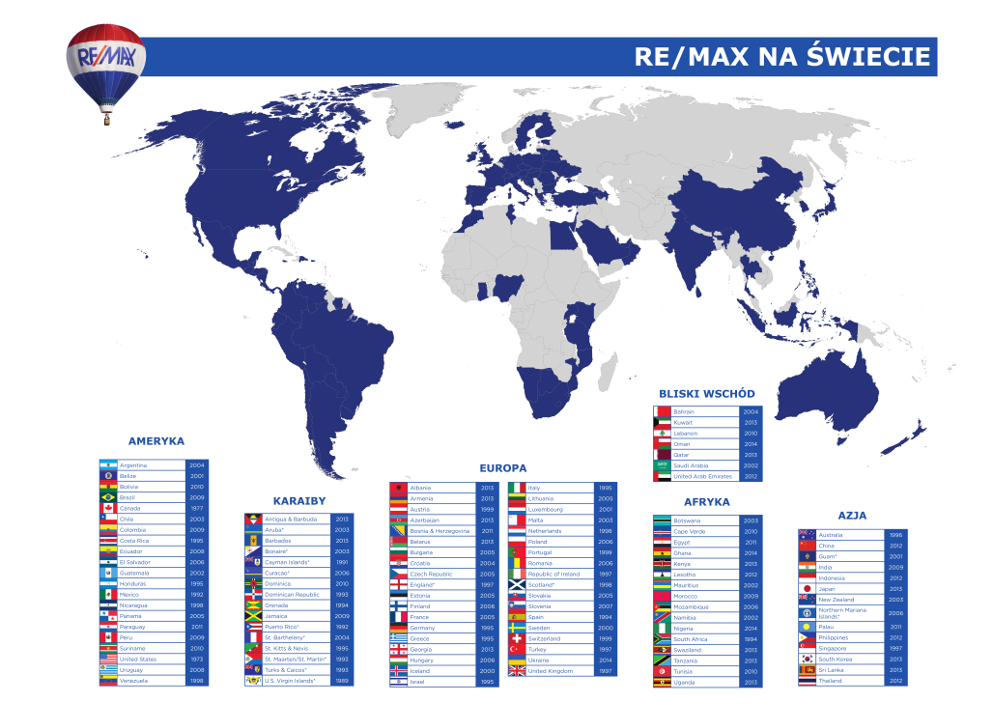 6750 biur RE/MAX i 100 000 agentów na świecie
1600 biur i 14 000 agentów w Europie
30 biur i 120 agentów w Polsce