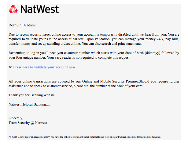 HalpinDaniel's tweet photo. @NatWest_Help I'm sure you are aware of this but just in case...
Easily spotted as spam, using bogus email address. http://t.co/0XSHAKNEPC