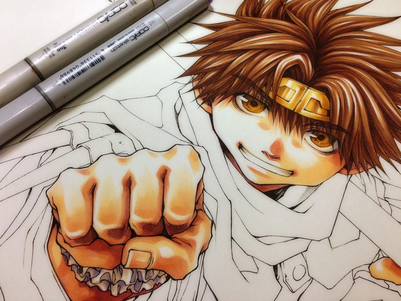 峰倉かずや 文庫版 最遊記 2巻 5月25日発売 普段モノクロ調のイラストは最初からグレー系のコピックで彩色するのですが 今回の文庫版カバーはまず天然色で塗ってからデジタル加工でモノクロ調に落としてます という 塗り途中時の2巻カバー絵の写真