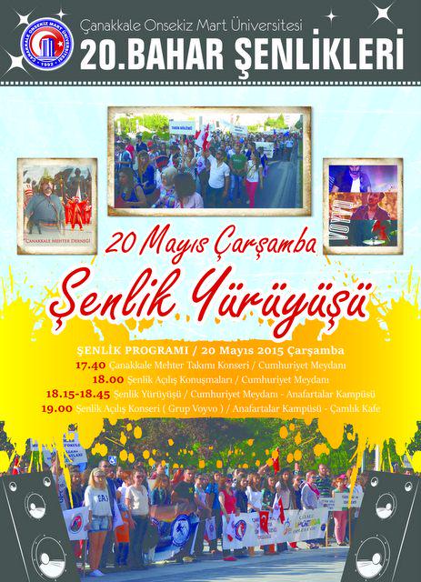 20 Mayıs 17:40’da Cumhuriyet Meydanı’ndan Anafartalar Yerleşkesine kadar sürecek olan “Şenlik Yürüyüşü” yapılacaktır.