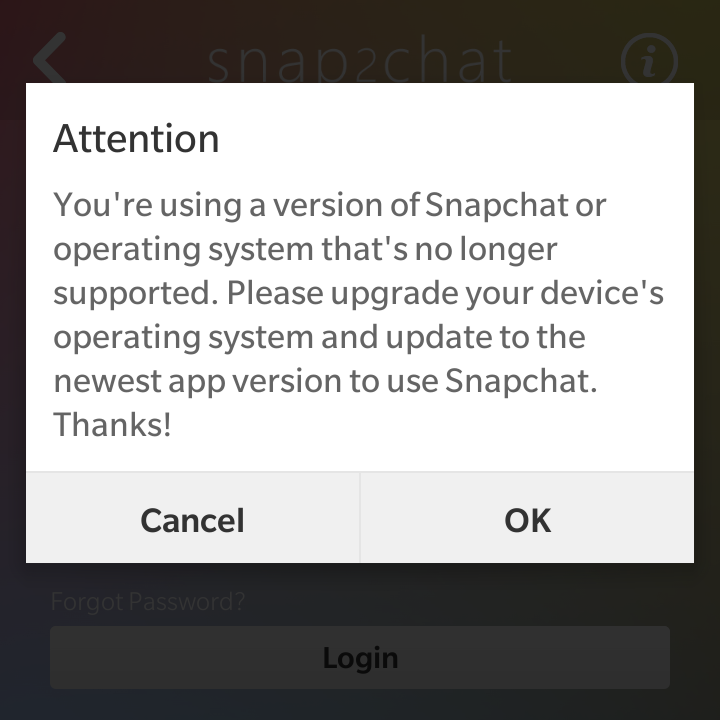 MBrentM's tweet photo. @NemOry I love Snap2Chat, but I just got this message when I tried to log in :( Any hope to make it work again? http://t.co/UoZXIApePG