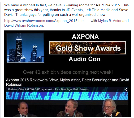 AVShowrooms's tweet photo. AVShowrooms' Gold Show Awards @axpona 2015 http://t.co/aORIfSeQkM