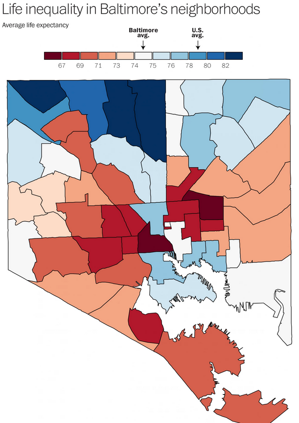 KenRoth's tweet photo. Baltimore life expectancy is worse than North Korea in 15 neighborhoods, worse than Syria in 8 http://t.co/yCJD059MmF http://t.co/IhPR1iWgDm