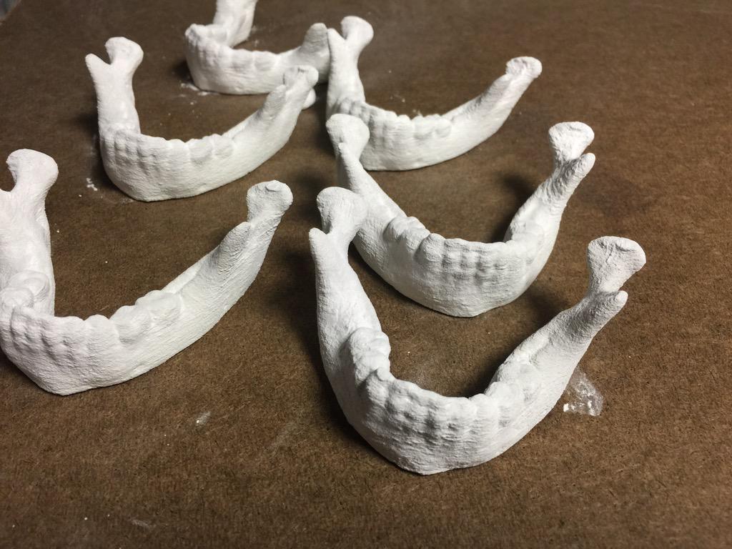 NeilGWard's tweet photo. Six mandibles I printed to test fire hydroperm using sodium silicate as an infiltration agent. #3DPrinting http://t.co/YLgmtmkkHz