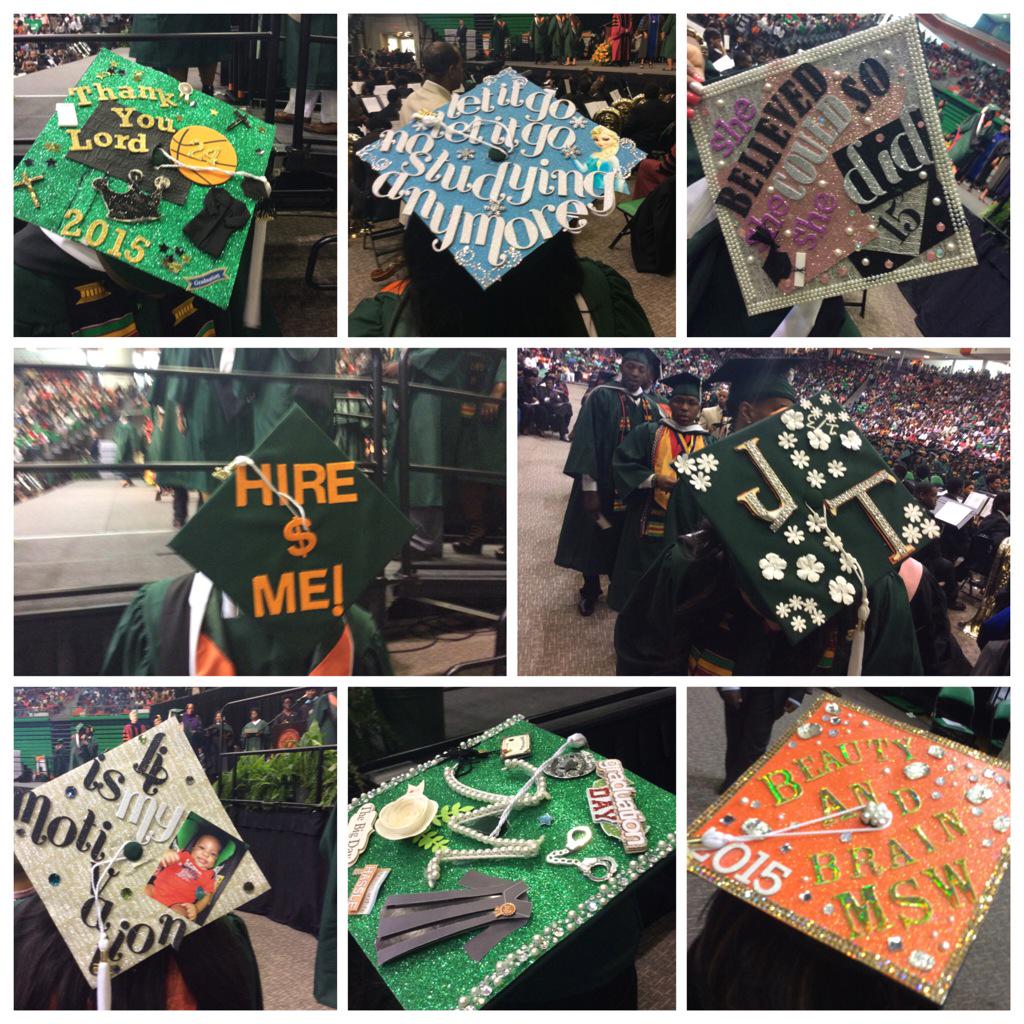FAMU_1887's tweet photo. Proud graduates show off the decorative caps. #RattlerGrads #2015 #OrangeandGreen http://t.co/wdwOZIVTEV