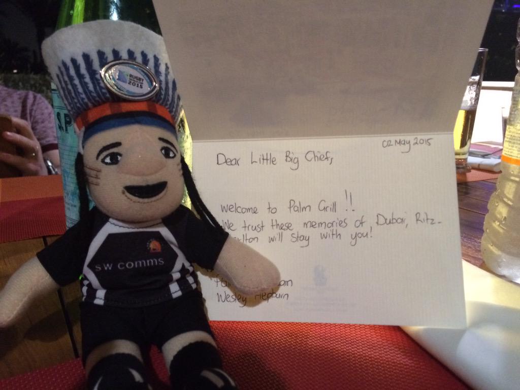SallyEverton's tweet photo. Welcome card for little @BigChiefExeter ( @RitzCarlton Dubai -becoming a bit of a celeb here #flyflag @RWC2015Exeter http://t.co/qVM3u0IjYn