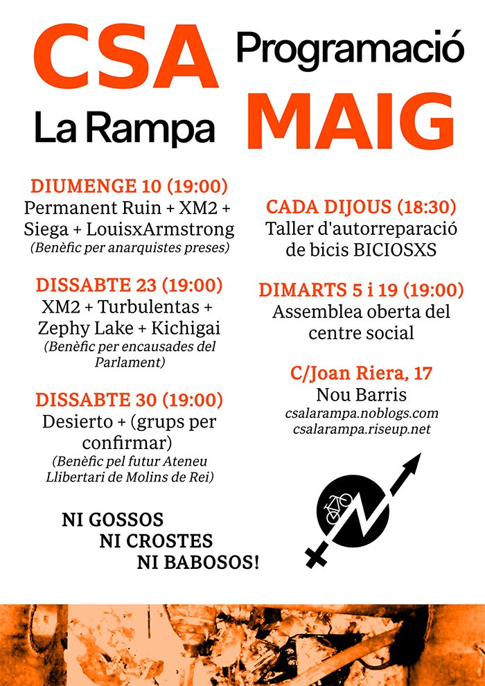 Programació de #Maig al @csalarampa, bit.ly/1GFfV99 #Okupacio #Autogestio #SuportMutu #NouBarrisRebel