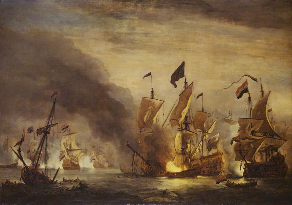 artistwar's tweet photo. The Burning of HMS Royal James at the Battle of Solebay by Willem van de Velde II http://t.co/yy4HVcXVcY