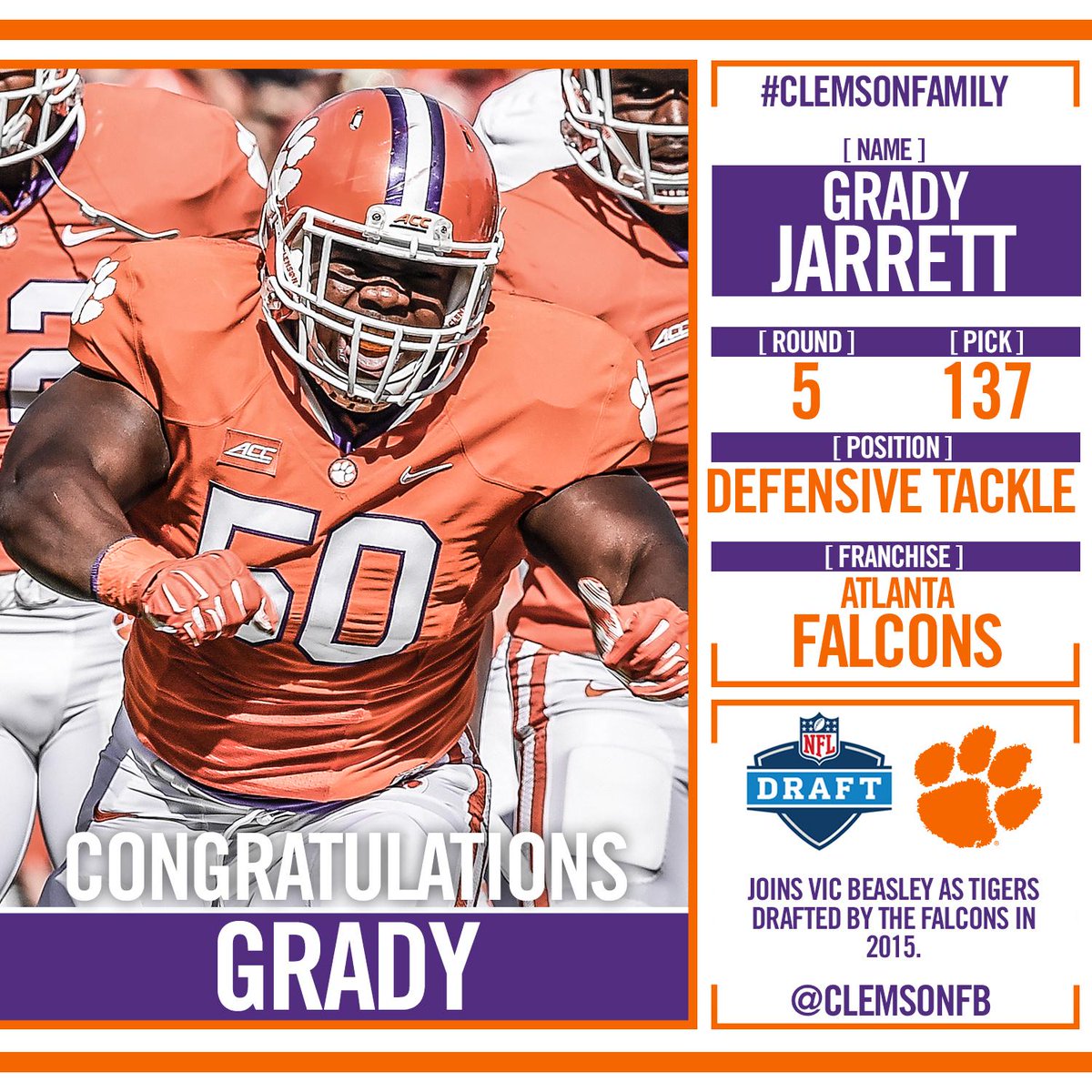 ClemsonFB's tweet photo. Congrats to Grady Jarrett! The #Clemson DT was just picked in the fifth round by the @AtlantaFalcons #ClemsonNFL http://t.co/DIEzPdeBB3