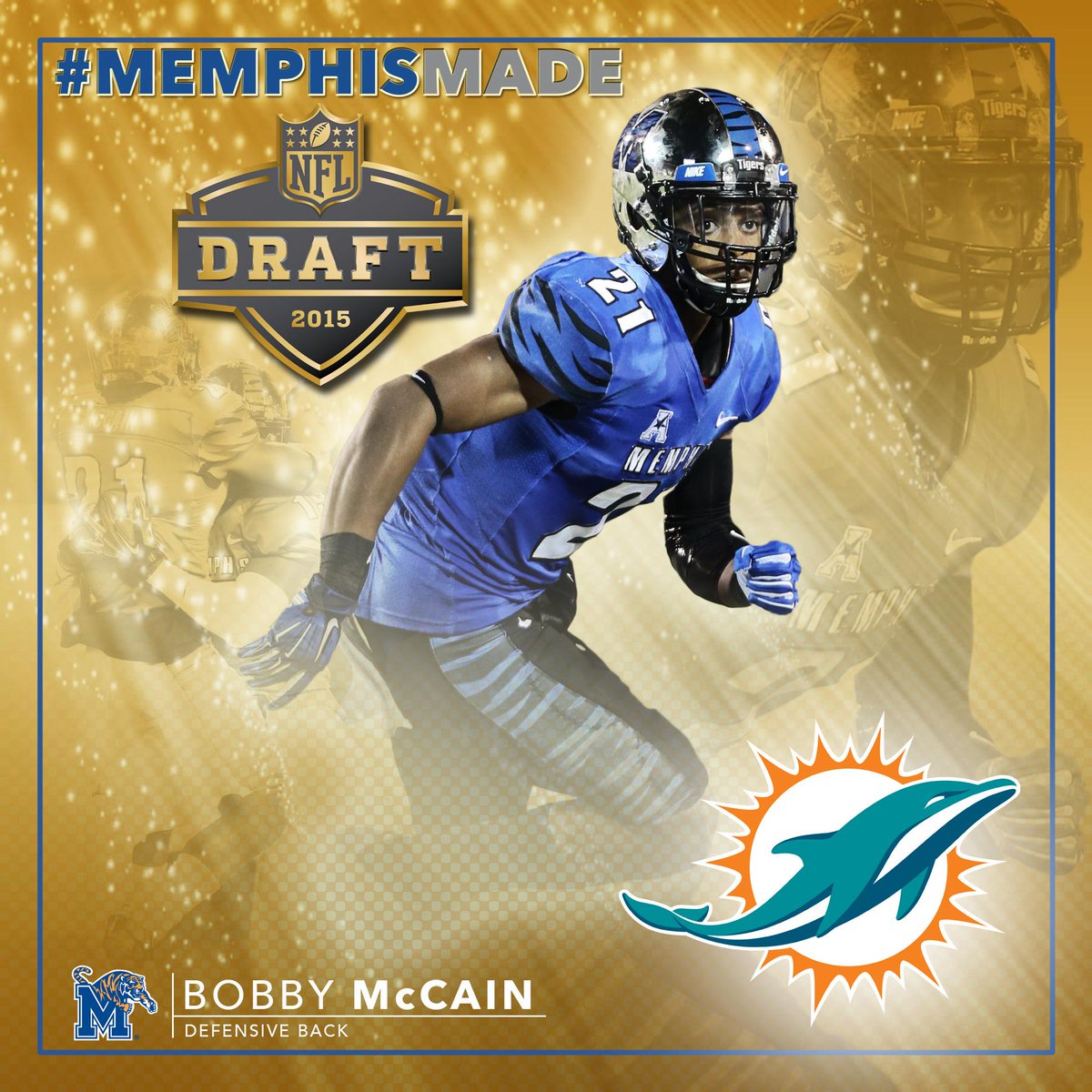 TigersAthletics's tweet photo. Congrats to Bobby McCain who was selected by the Miami in the 5th round of the #NFLDraft15 #GoTigersGo #MemphisMade http://t.co/zPNN1wcuxT