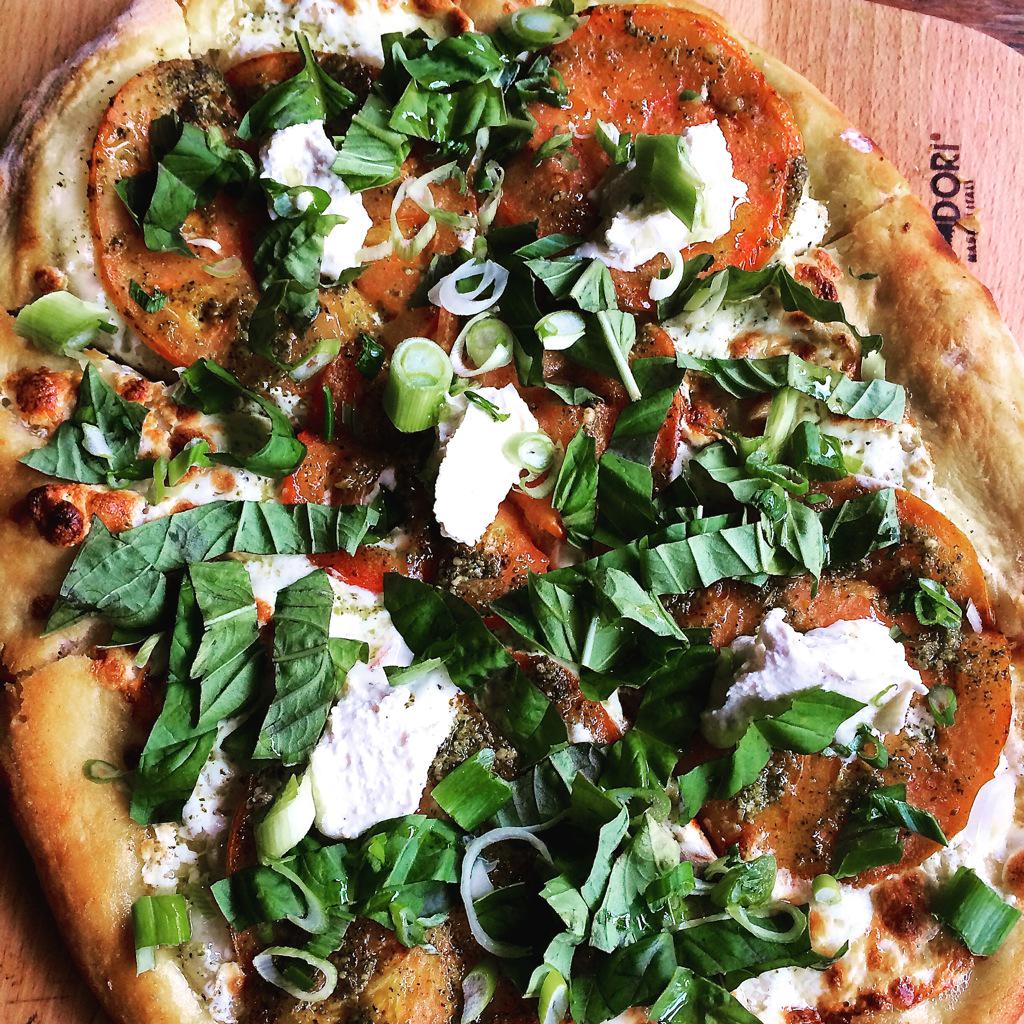 Palanyc's tweet photo. Todays special: Pesto tomatoes, Ricotta Cheese, Scallions, Basil and Mozzarella Cheese http://t.co/U6Ndk90uVT