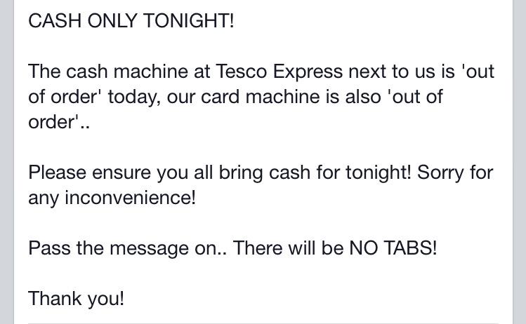 CASH ONLY TONIGHT - NO TABS 

Thanks!