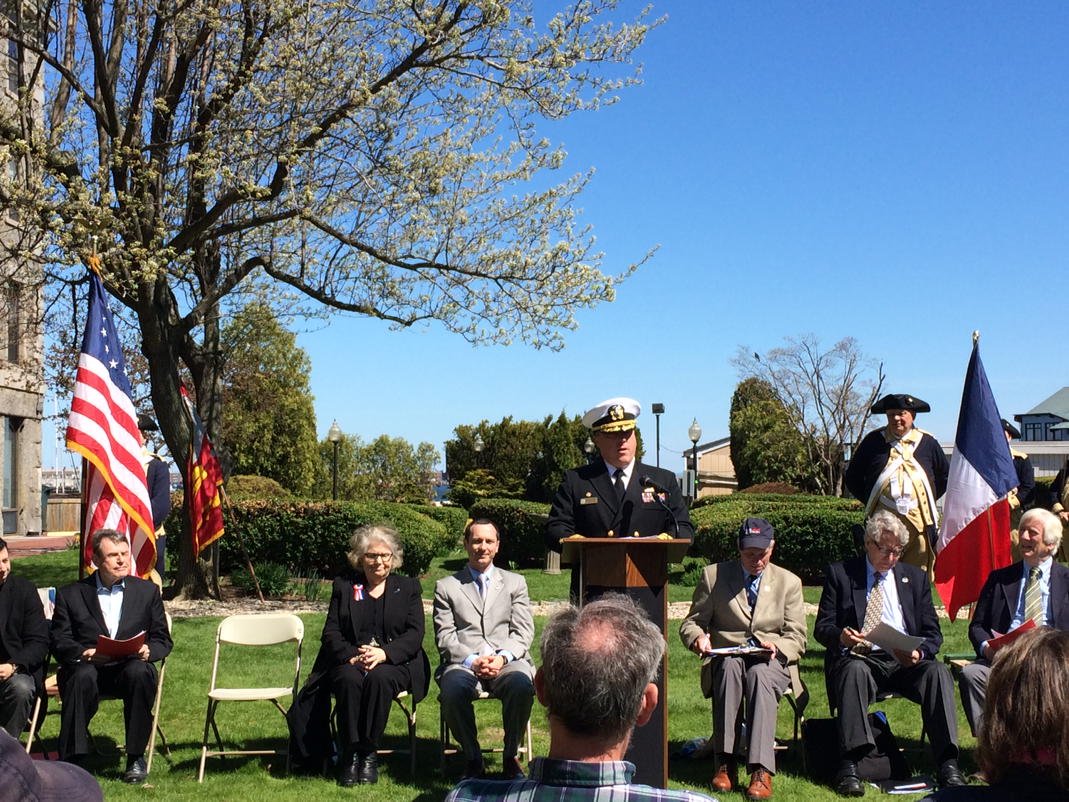 BosHarborWalk's tweet photo. Commander of USS Constitution @ dedication of Lafayette Society plaque @ Lewis Wharf formerly known as Hancock Wharf. http://t.co/iY6pOJ5j7f
