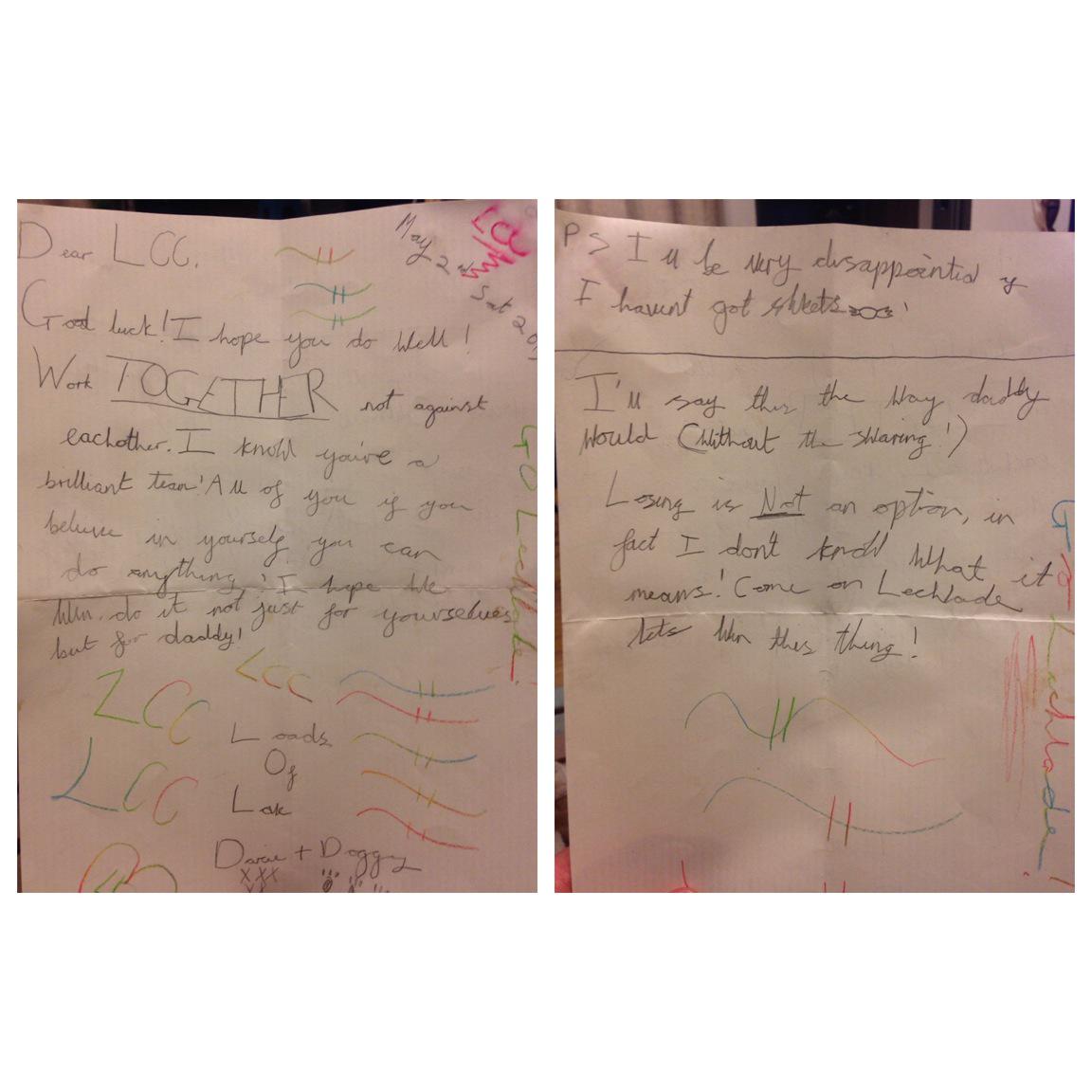 LechladeCC's tweet photo. Darcie wrote the 1st team a letter and read it out to the team before they went out to do battle in the 2nd innings http://t.co/n7gXJuOF6G
