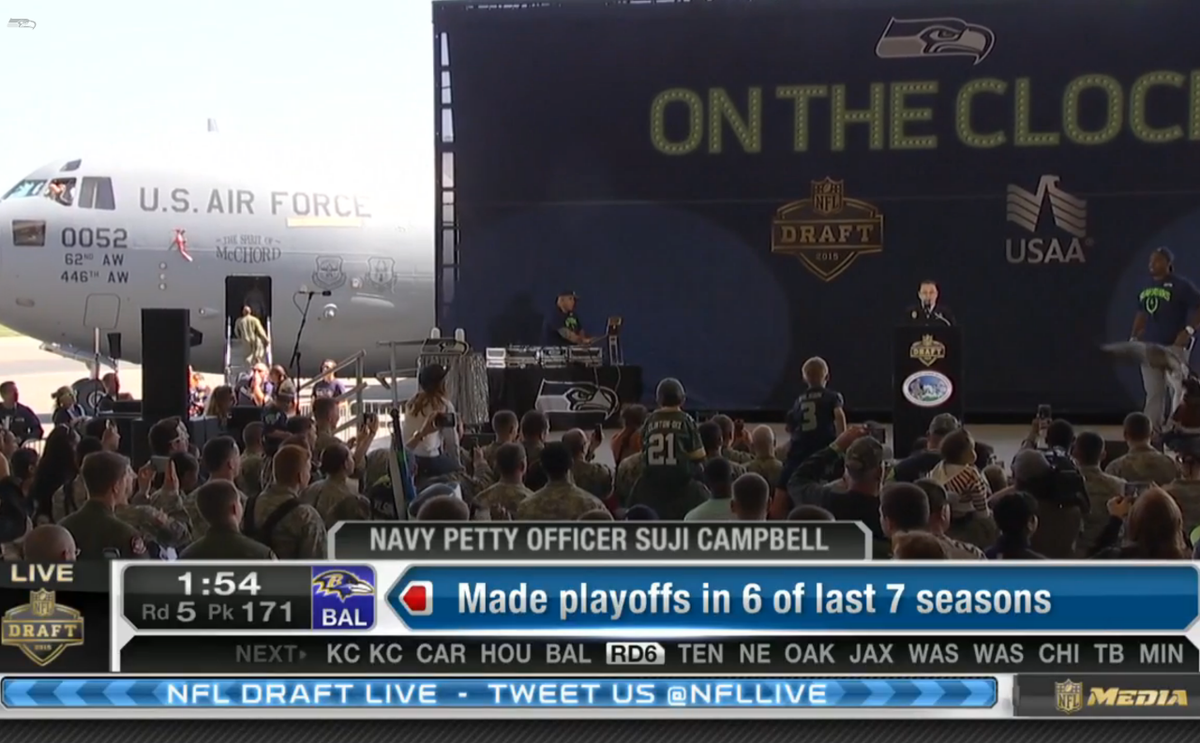 Seahawks's tweet photo. #SeahawksSalute @USNavy's PO Suji Campbell announcing #SeahawksDraft #pick170.

VIDEO [http://t.co/qTPBrS1BkO] http://t.co/BZ5JNf8y07
