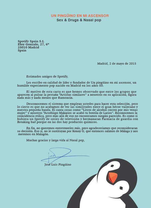 quintanapaz's tweet photo. Carta a Spotify del más entrañable grupo de pop de los años 80, Un pingüino en mi ascensor. http://t.co/wL0983j6Pl