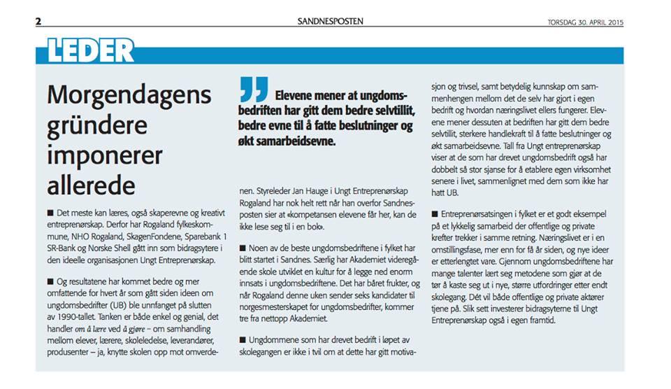 vibelo's tweet photo. #Sandnesposten leder: Morgendagens gründere imponerer allerede. @UERogaland @UE_Norge @torkapvik #NM_UB http://t.co/rDGdq12TId