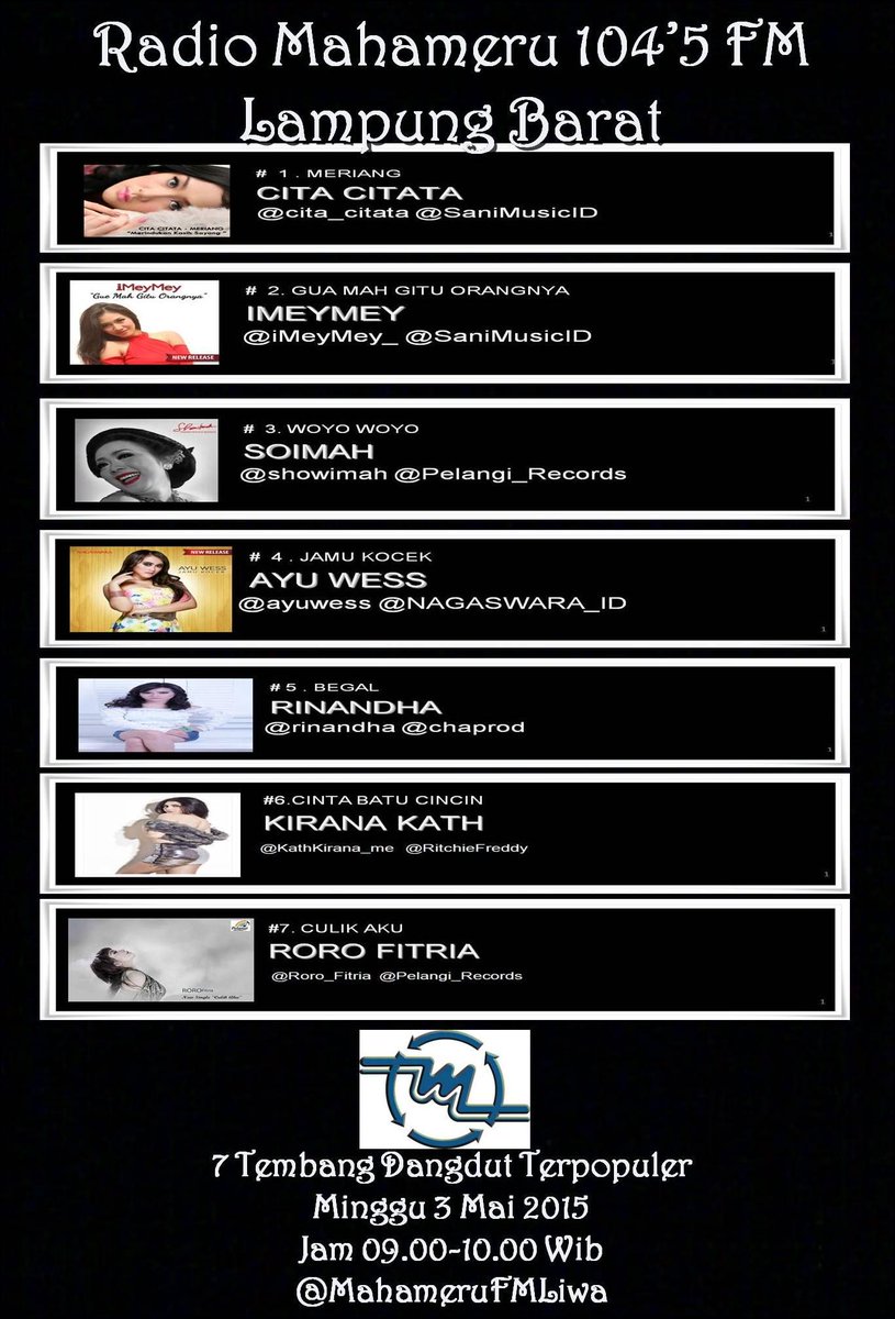 #7TembangDangdutTerpopuler <a href="/MahameruFMLiwa/">Radio Mahameru 104`5</a> #Minggu3Mai2015
#5 #Begal #BeteDanGalau <a href="/rinandha/">RINANDHA</a> <a href="/chaprod/">JIONS GROUP PERSADA</a>