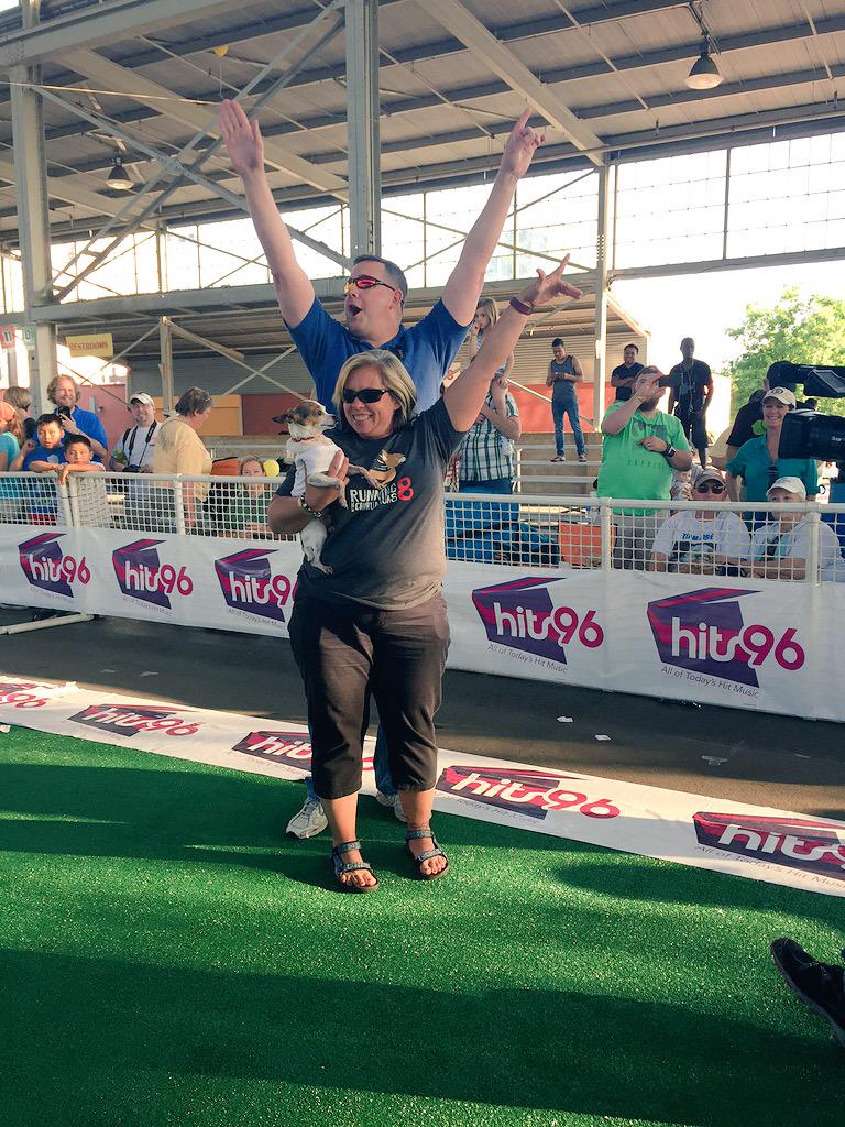 Hits96Radio's tweet photo. Congratulations Ginger Merritt who made history today as a two time CHAMP at the Running of the Chihuahuas! #rotc8 http://t.co/uTpYSoJrTs