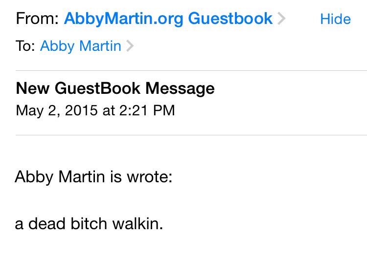 AbbyMartin's tweet photo. "Time to put on our raping shoes &amp; find this bitch" "I hope ISIS cuts your clit off w/ a dull knife" #ChrisKyleFans http://t.co/nLAcQTAPW4