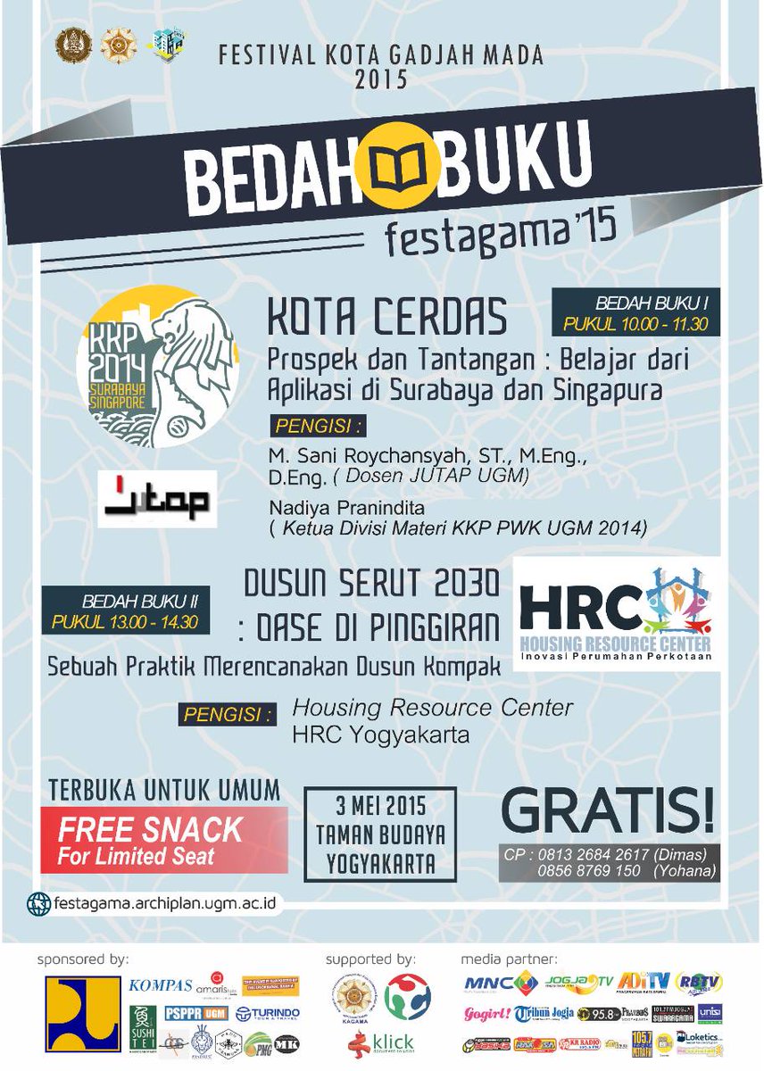 Festagama2015's tweet photo. BEDAH BUKU "Kota Cerdas" yg merupakan hasil karya mahasiswa PWK. Mulai 10.00 WIB http://t.co/Panglr2WUX