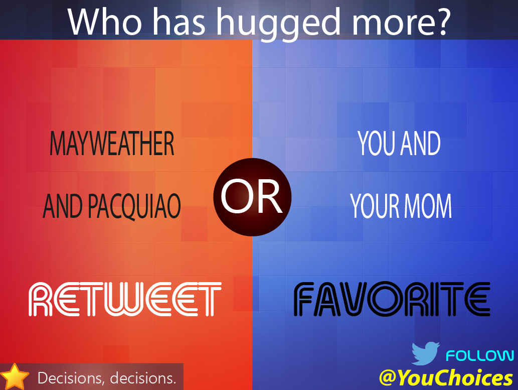 YouChoices's tweet photo. Who has hugged more? #MayPac http://t.co/XfWmSugZXX